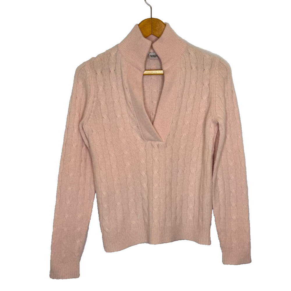 Women's Medium Evelyn Grace 100% Cashmere Collar Pink Cable Knit Sweater